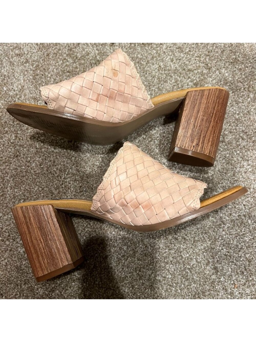 Tan Brown Woven Faux Leather Square Toe Block Mule Sandals Size 6.5